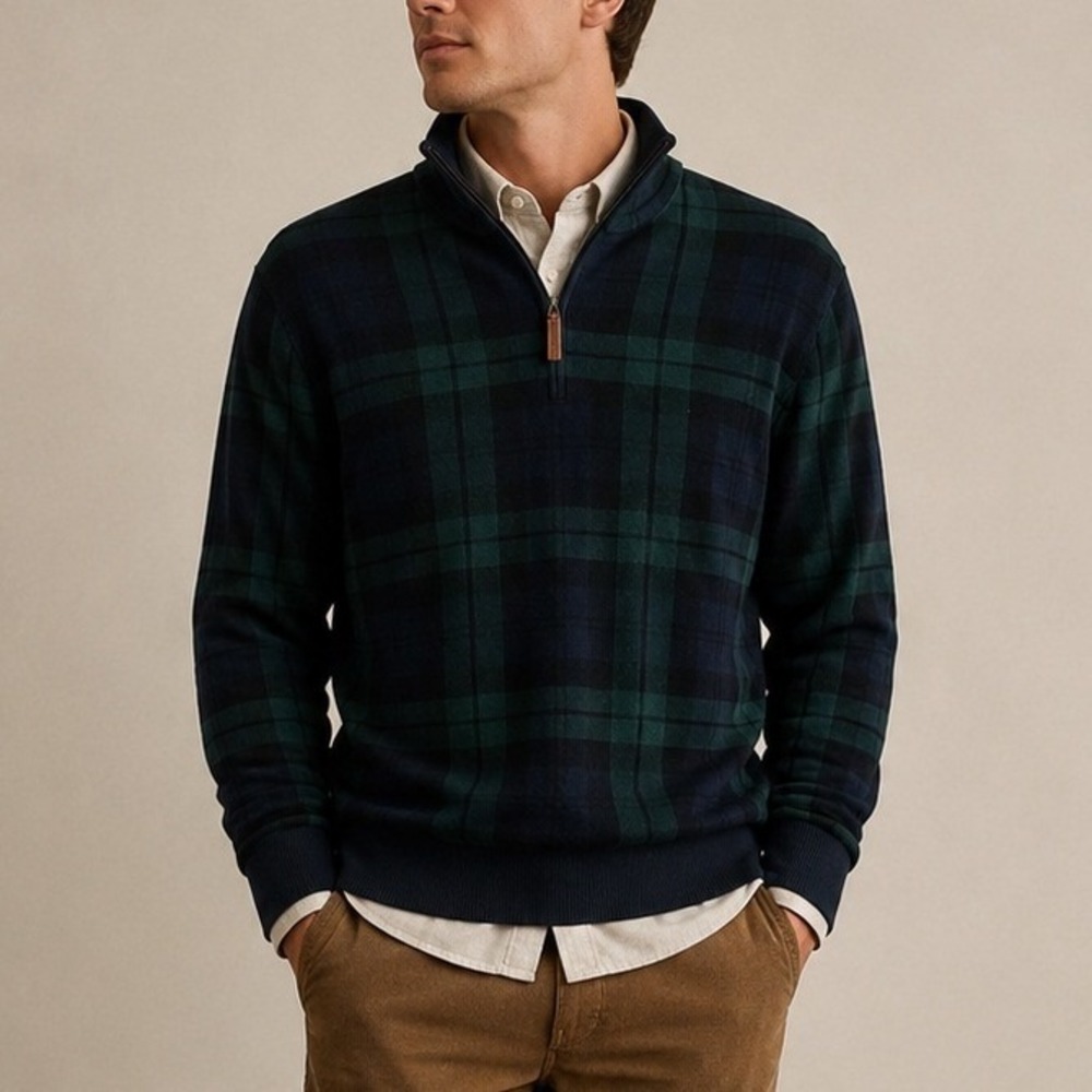 Lands' End Quarter Zip Sweater Black Watch Plaid Sherpa Preppy Fall Cabincore M